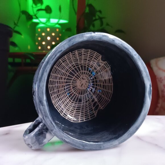 Whimsigoth Mug - Black & Grey Porcelain Cicada Moon Toad Leaves & Spiderweb - Picture 3 of 8